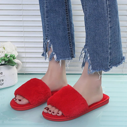 Winter Slippers Women's Fashion Cross Fluffy Leather Slippers
Home Slide Platform Flat Indoor Women's Shoes