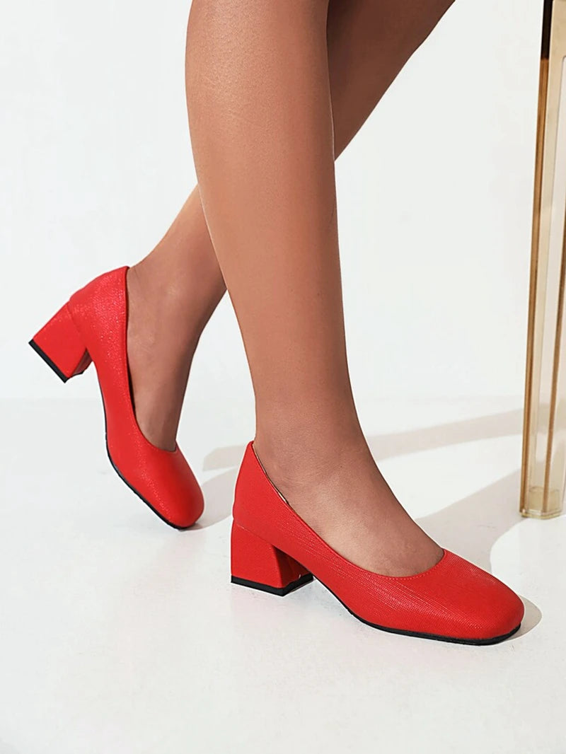 Women Pumps Square Toe Thick Heels Slip On