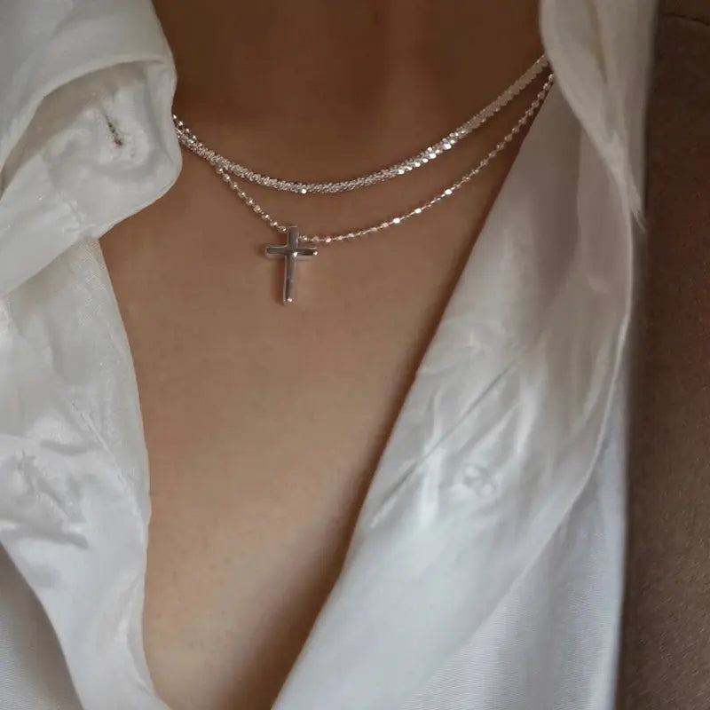 Popular Trendy Silver-Color Cross Sparkling Clavicle Chain Choker Necklace