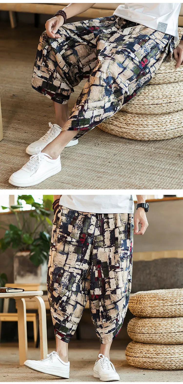 Summer Loose Calf Length Casual Pants for Men 
Wide Leg Cotton Linen Printing Baggy Pants