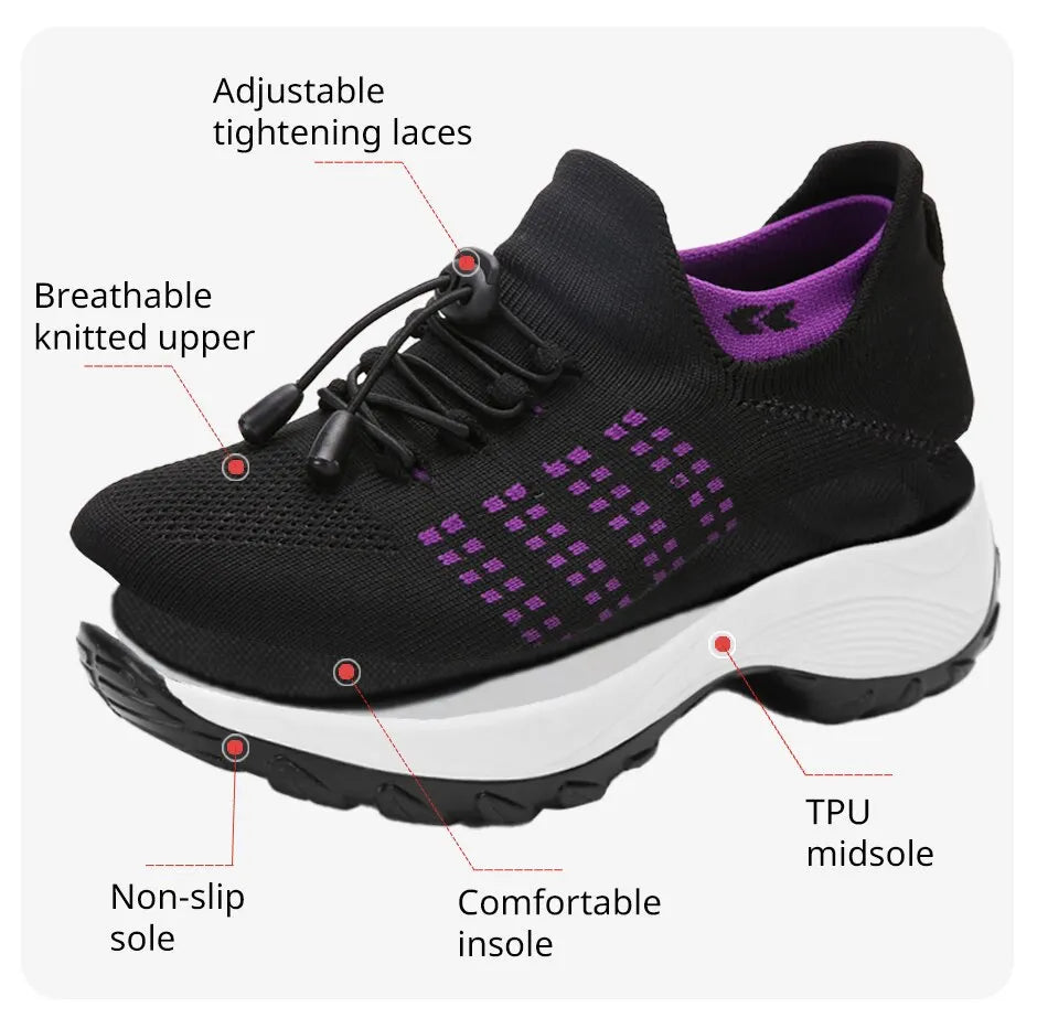 Women Fashion Sneaker for Walking, Fitness, Sport 
Chunky Platform Height Increasing Breathable Loafers Elastic Lady Trainers