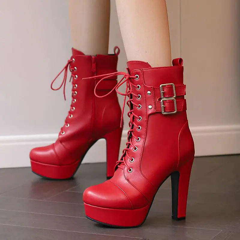 Women Boots with Round Toe, Chunky High Heels 12cm, Platform, 2.5cm Zipper
 Lace Up Belt Buckles