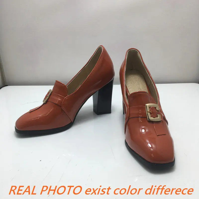 Women Pumps Square Toe, Block Heel
easy Slip-on with Shallow Metal Decoration