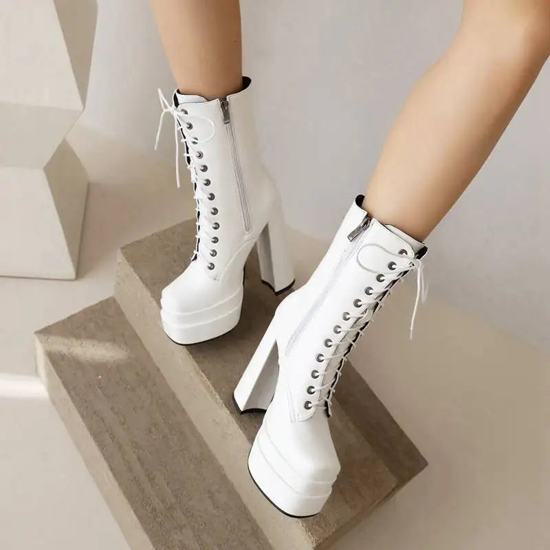 Ladies Mid Calf Boots 18cm with Square Toe, Block Heels 14cm
Double Platform 5cm, Zipper Lace Up Female Booties