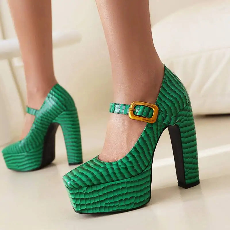 Female Pumps Square Toe Block Heel 13.5cm Platform 5cm