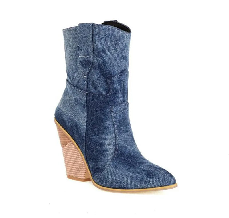 Denim Winter Warm Fur in Western style Ankle Boots for Women with Wedge Heel& Pointed Toe, Slip On