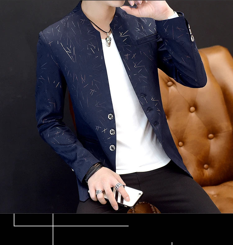 Men Printed Small Suit 
Male Self-cultivation Stand-up Collar Tunic Casual Suit