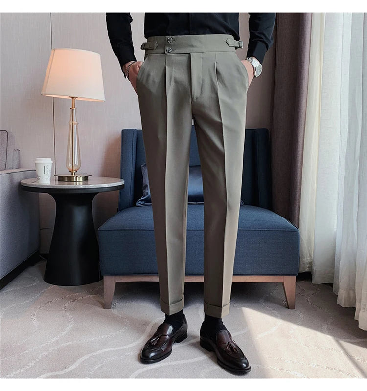 Men Dress Suit Pants, Striped Plaid British Style, High Waist Casual Belt Design 
Slim Trousers, Formal, Office, Social, Wedding, Party