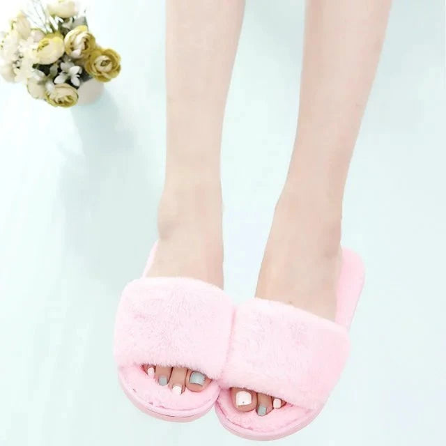 Winter Slippers Women's Fashion Cross Fluffy Leather Slippers
Home Slide Platform Flat Indoor Women's Shoes