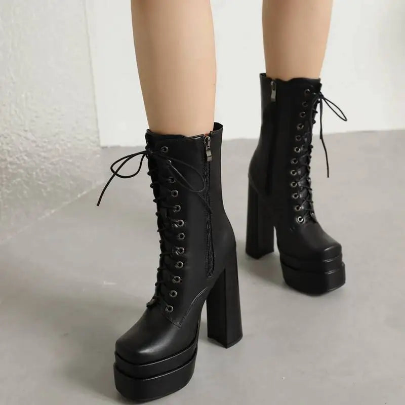 Ladies Mid Calf Boots 18cm with Square Toe, Block Heels 14cm
Double Platform 5cm, Zipper Lace Up Female Booties