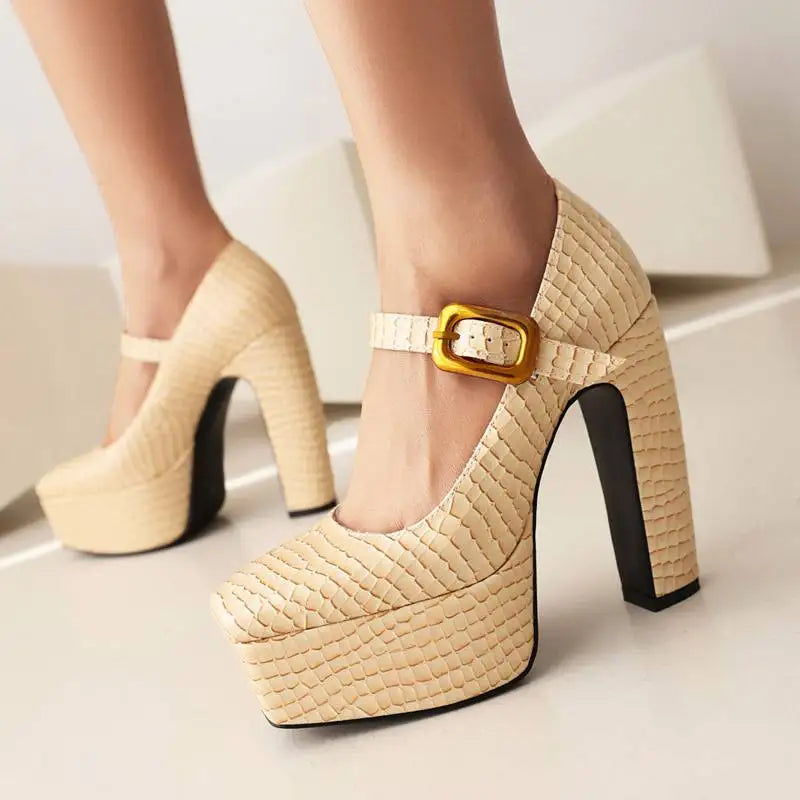 Female Pumps Square Toe Block Heel 13.5cm Platform 5cm