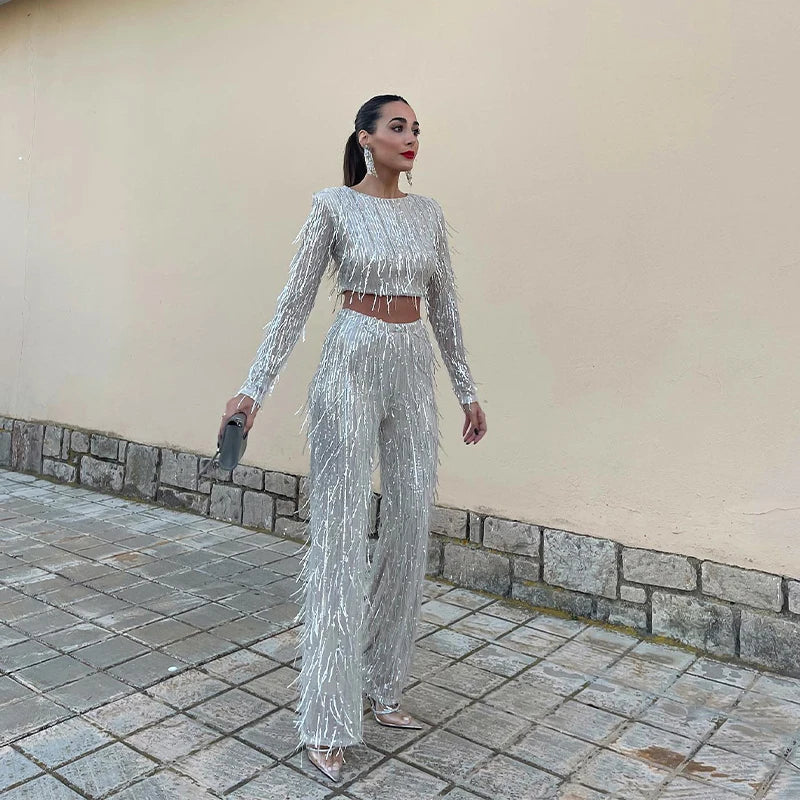 2 Piece Set Spring Silver Bright Silk O-neck Crop Tops with Wide Leg Pant