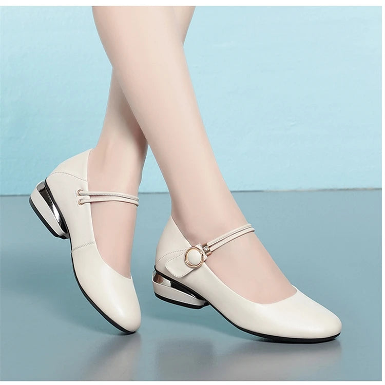 Women Shoes with Genuine Leather 
Ladies Mid-heel Shoes