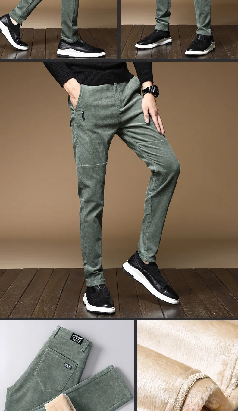 New Winter Fleece Warm Corduroy men Pants
Business Fashion Slim Fit Stretch Thicken Gray & Green Fluff Casual male Trouser