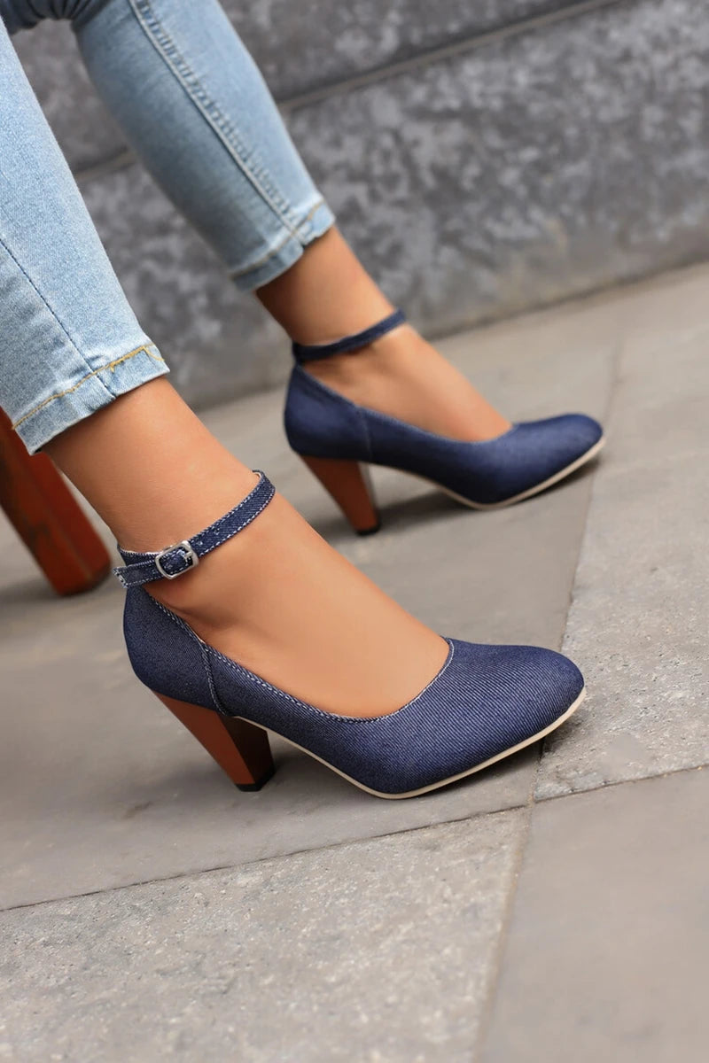 Women Pumps Pointed Toe, 7.5cm Spike Heel, Denim Fabric, Office Ankle Strap