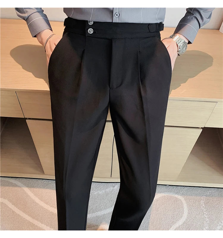 Men Dress Suit Pants, Striped Plaid British Style, High Waist Casual Belt Design 
Slim Trousers, Formal, Office, Social, Wedding, Party