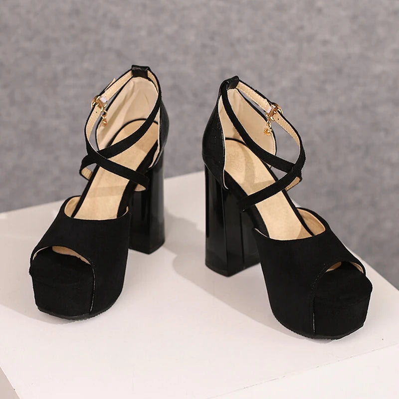 Elegant Open Toe Women Sandals 12cm Thick Block Heel 4cm Platform Buckles Cross Strap