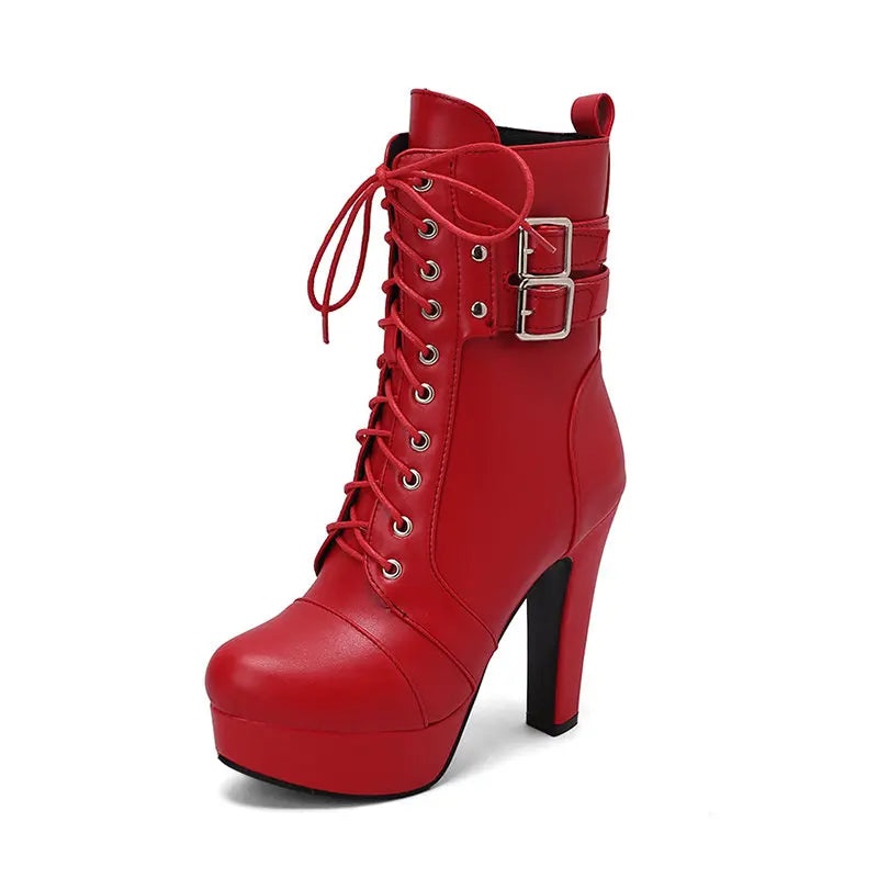 Women Boots with Round Toe, Chunky High Heels 12cm, Platform, 2.5cm Zipper
 Lace Up Belt Buckles