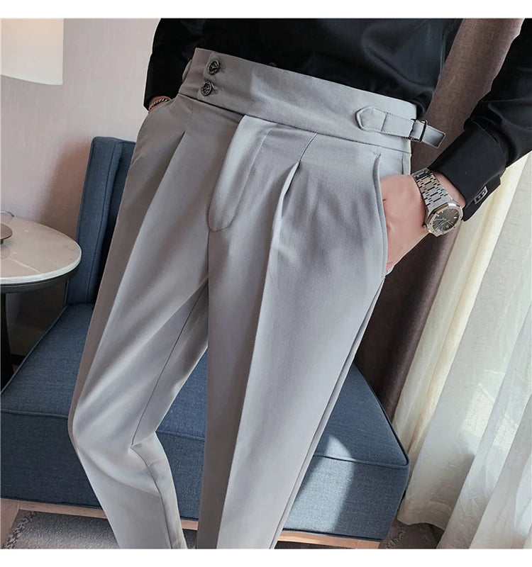 Men Dress Suit Pants, Striped Plaid British Style, High Waist Casual Belt Design 
Slim Trousers, Formal, Office, Social, Wedding, Party