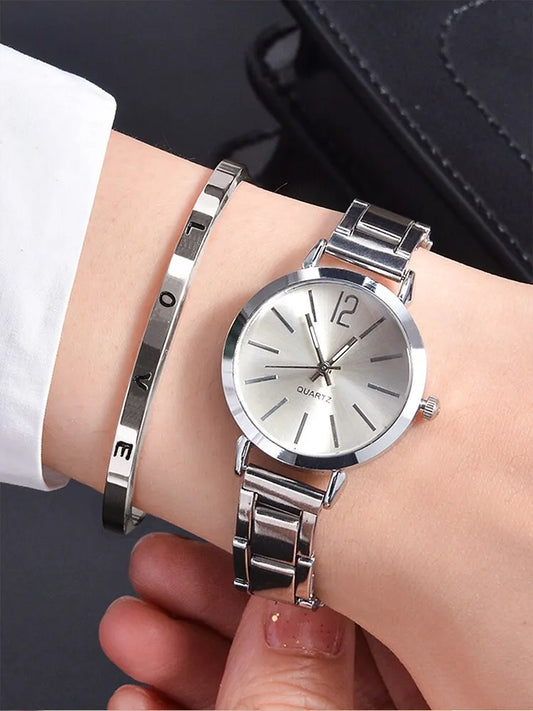 2pcs Simple Silver 
Steel Band Quartz Watch plus LOVE Bracelet Set