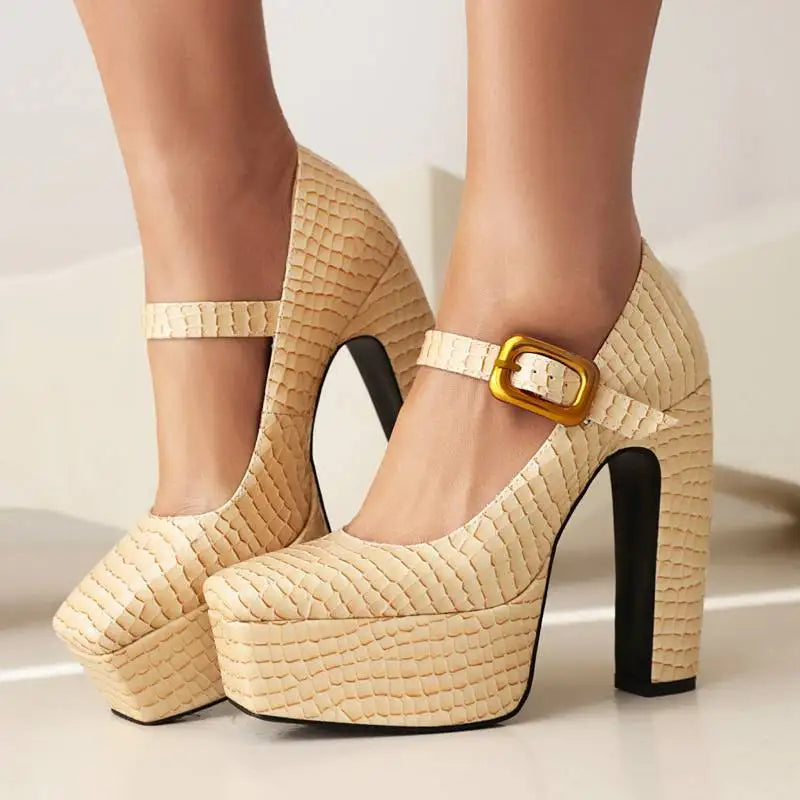 Female Pumps Square Toe Block Heel 13.5cm Platform 5cm