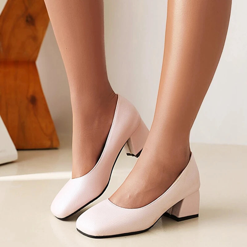 Women Pumps Square Toe Thick Heels Slip On