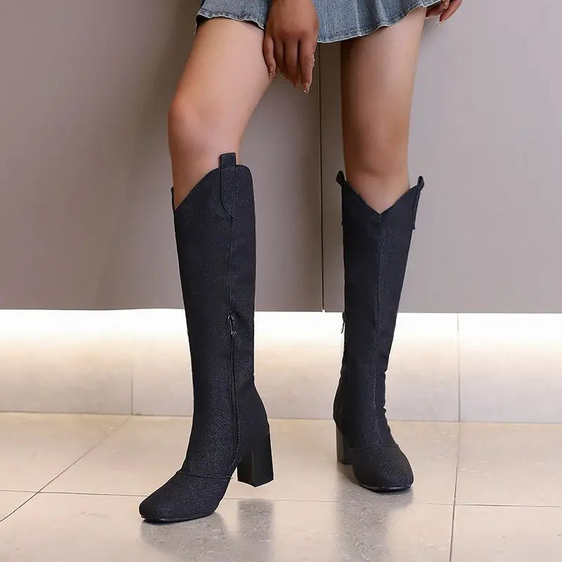 Denim Western style Knee High Boots with Square Toe, Block Heels 7cm, Zipper 
Cowboy Casual Female Booties