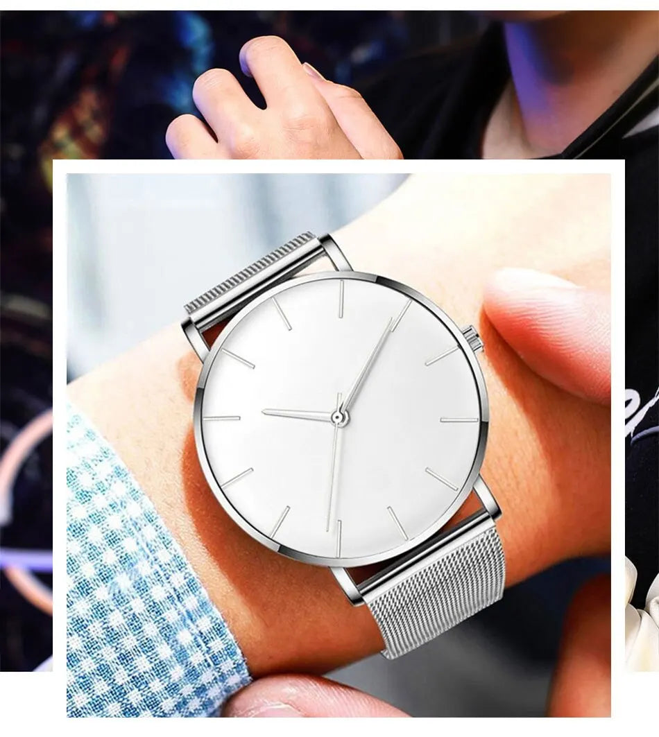 Luxury Minimalist Ultra Thin Watches 
Simple Men Business Stainless Steel, Mesh Belt 
Quartz Casual Watch