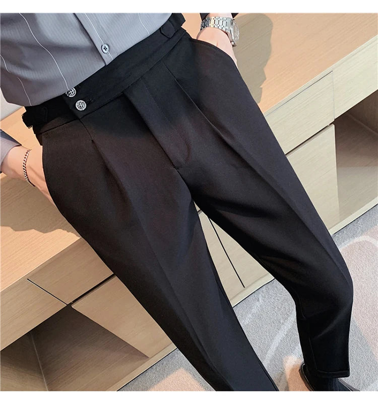 Men Dress Suit Pants, Striped Plaid British Style, High Waist Casual Belt Design 
Slim Trousers, Formal, Office, Social, Wedding, Party