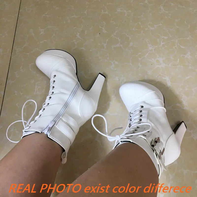 Women Boots with Round Toe, Chunky High Heels 12cm, Platform, 2.5cm Zipper
 Lace Up Belt Buckles