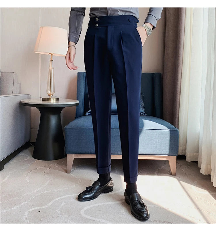 Men Dress Suit Pants, Striped Plaid British Style, High Waist Casual Belt Design 
Slim Trousers, Formal, Office, Social, Wedding, Party