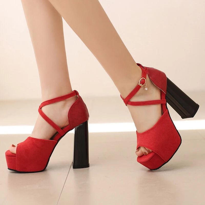 Elegant Open Toe Women Sandals 12cm Thick Block Heel 4cm Platform Buckles Cross Strap