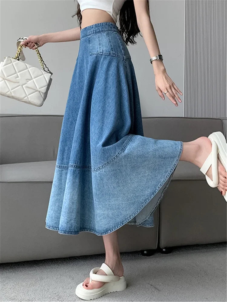 High Waist Gradient Women's Denim Long Skirts