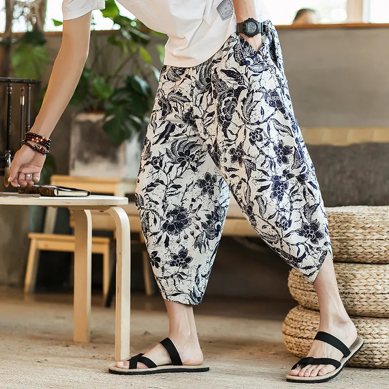 Summer Loose Calf Length Casual Pants for Men 
Wide Leg Cotton Linen Printing Baggy Pants