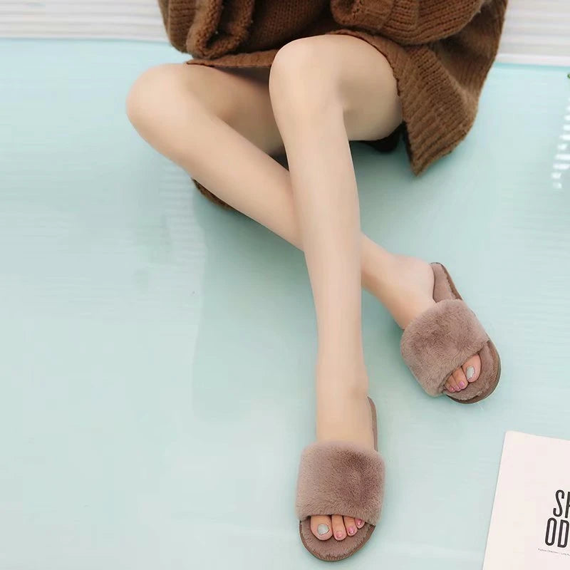 Winter Slippers Women's Fashion Cross Fluffy Leather Slippers
Home Slide Platform Flat Indoor Women's Shoes