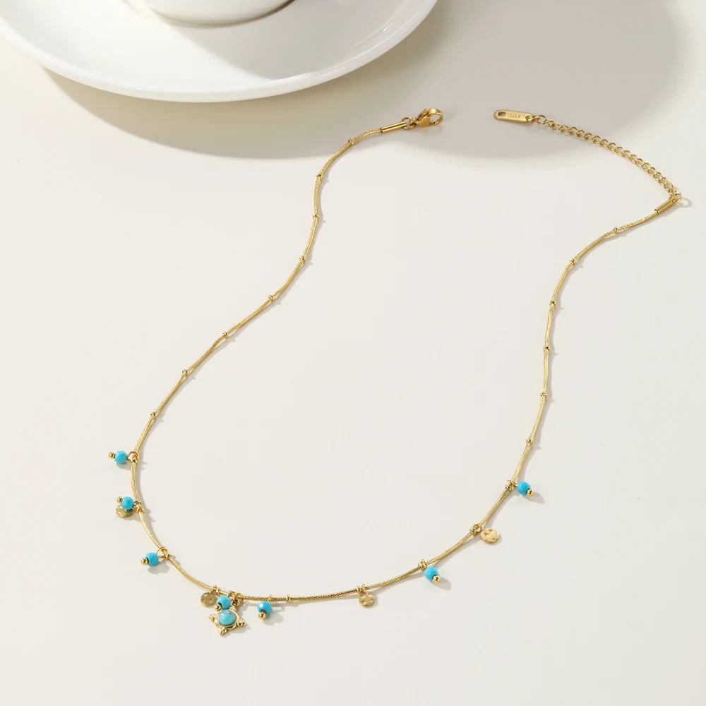 18K Gold PVD Plated Stainless Steel Chain Necklace for Women with Turquoise Natural Stone Round Tap
Texture Waterproof Jewelry