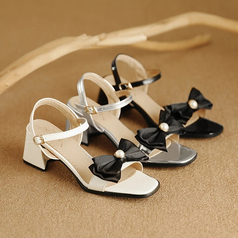 Peep Toe Round Women Sandals, Bow Pearl 5.5cm Thick Heel, Ankle Strap