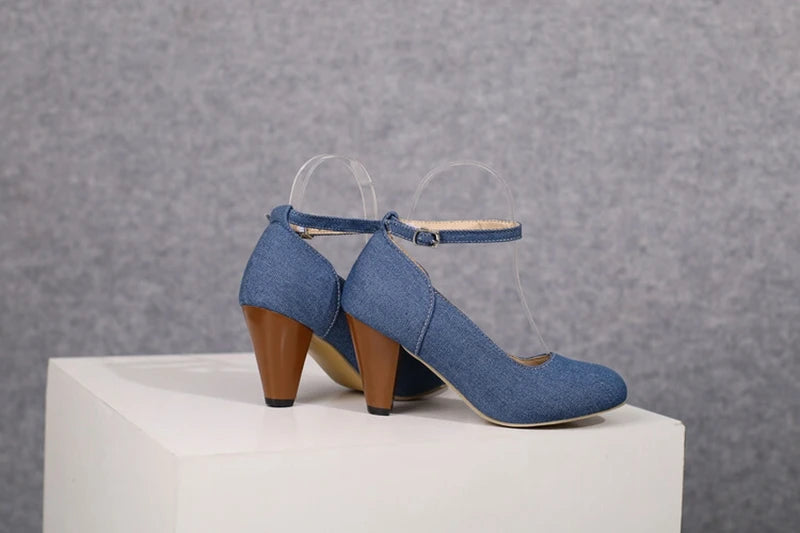 Women Pumps Pointed Toe, 7.5cm Spike Heel, Denim Fabric, Office Ankle Strap