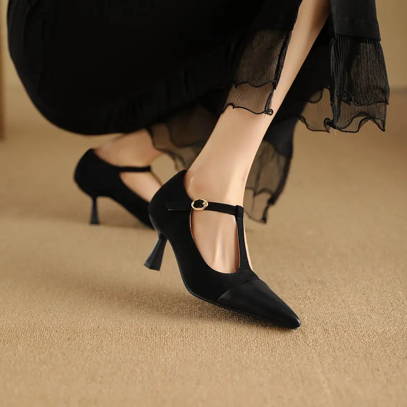 Women Pumps T-strap Thin High Heels 7.5cm, Pointed Toe Shoes