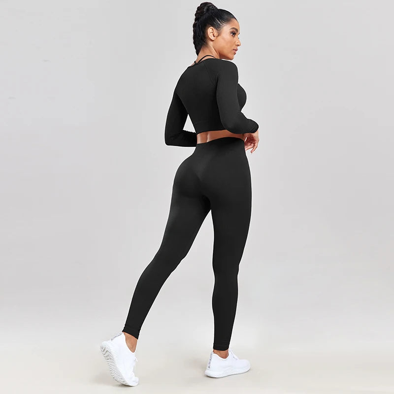 Ribbed Gym Set for Women 
Knitted Yoga Set for ladies with High Waist, Raises Butt, Push Up Long Sleeve Suit