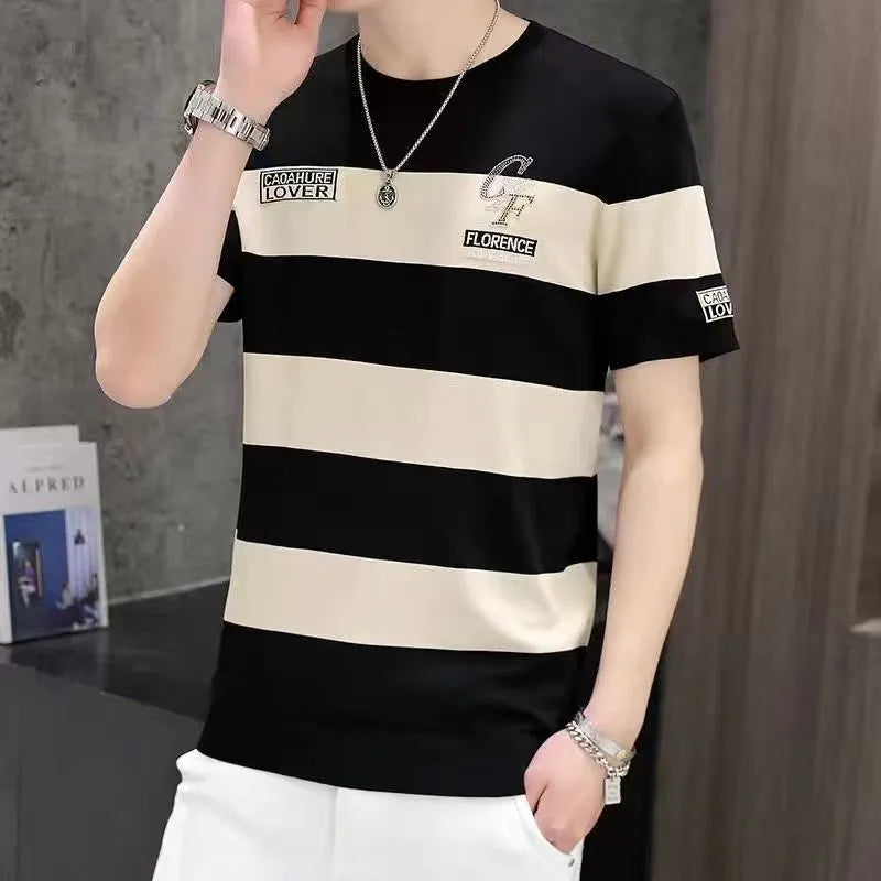 New Ultra-Thin Ice Silk Breathable Short Sleeve Summer Men Round Neck, Striped, Slim, Casual T-Shirt