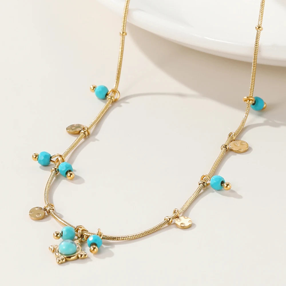 18K Gold PVD Plated Stainless Steel Chain Necklace for Women with Turquoise Natural Stone Round Tap
Texture Waterproof Jewelry