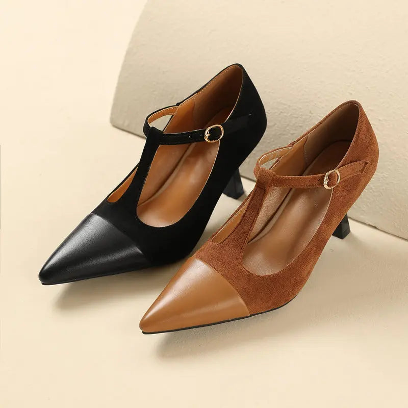 Women Pumps T-strap Thin High Heels 7.5cm, Pointed Toe Shoes