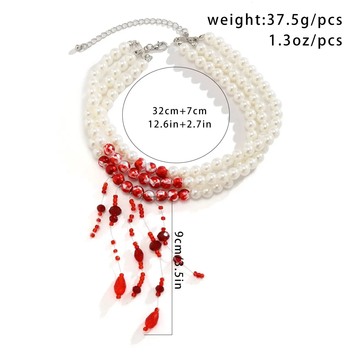 Multilayer Vintage Red Blood Pattern with Imitation Pearl Tassel Pendant Necklace