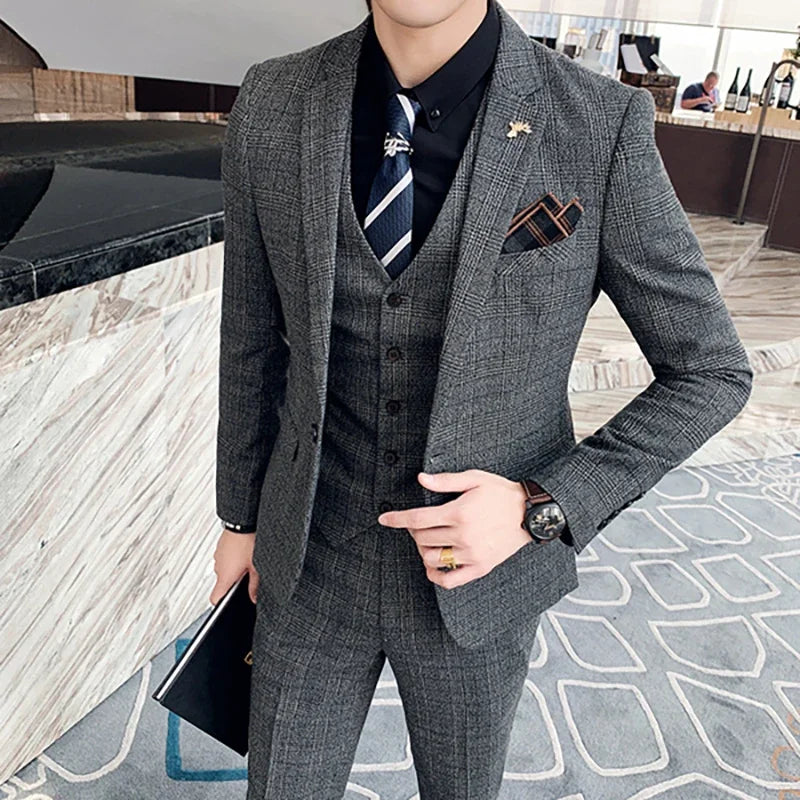 (Jacket+Vest+Pants) Lattice Formal Business Men Suit 3 Pcs Set 
Groom Wedding, Plaid Suit for Show Stage