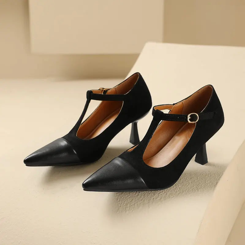 Women Pumps T-strap Thin High Heels 7.5cm, Pointed Toe Shoes