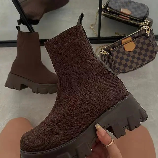 Autumn New Socks Woman Shoes,  Stretch Fabric Mid-Calf Casual Platform Boots