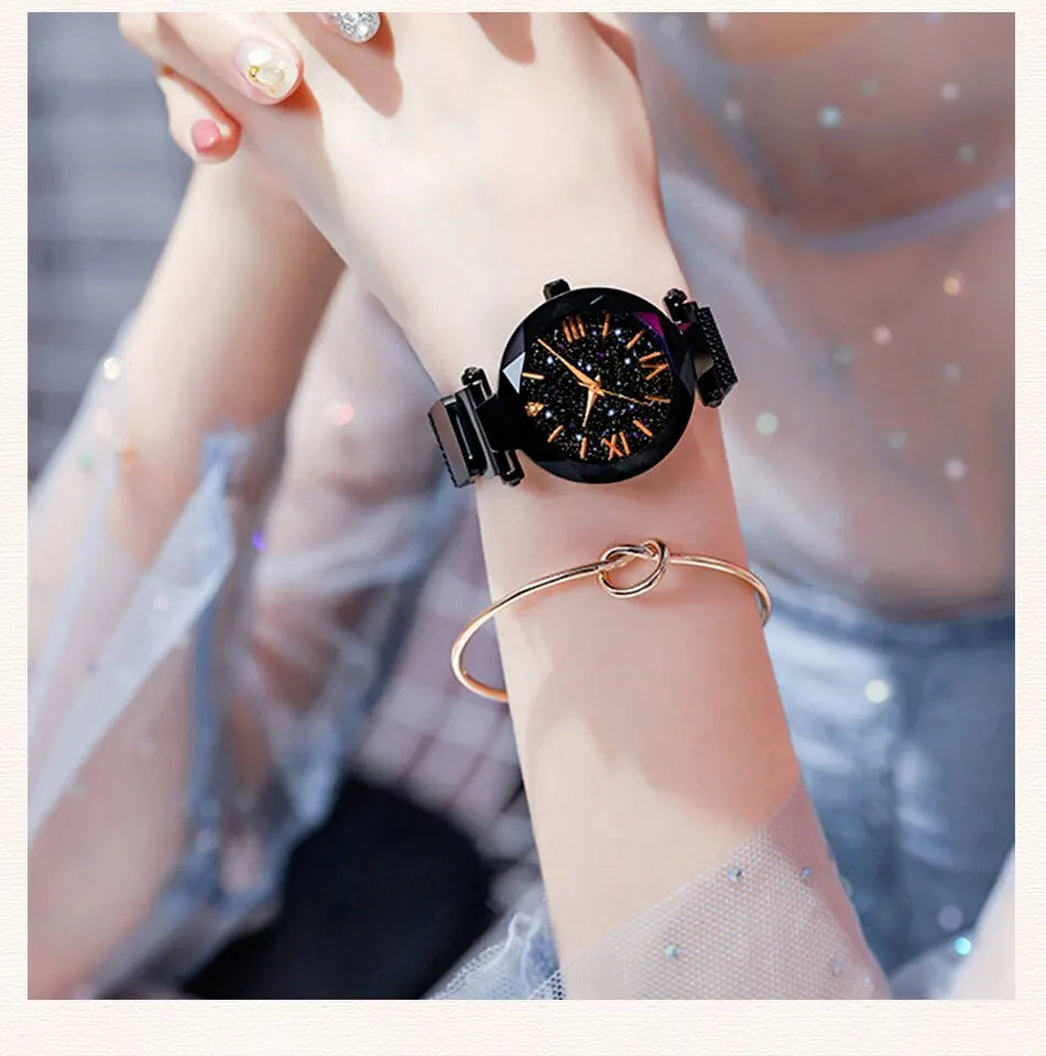 Starry Sky Watches 
Magnet Buckle Mesh Belt Diamond Quartz Watch