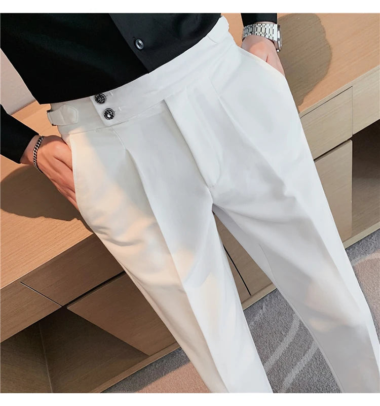 Men Dress Suit Pants, Striped Plaid British Style, High Waist Casual Belt Design 
Slim Trousers, Formal, Office, Social, Wedding, Party