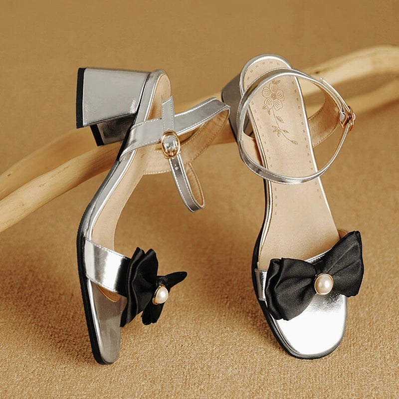 Peep Toe Round Women Sandals, Bow Pearl 5.5cm Thick Heel, Ankle Strap